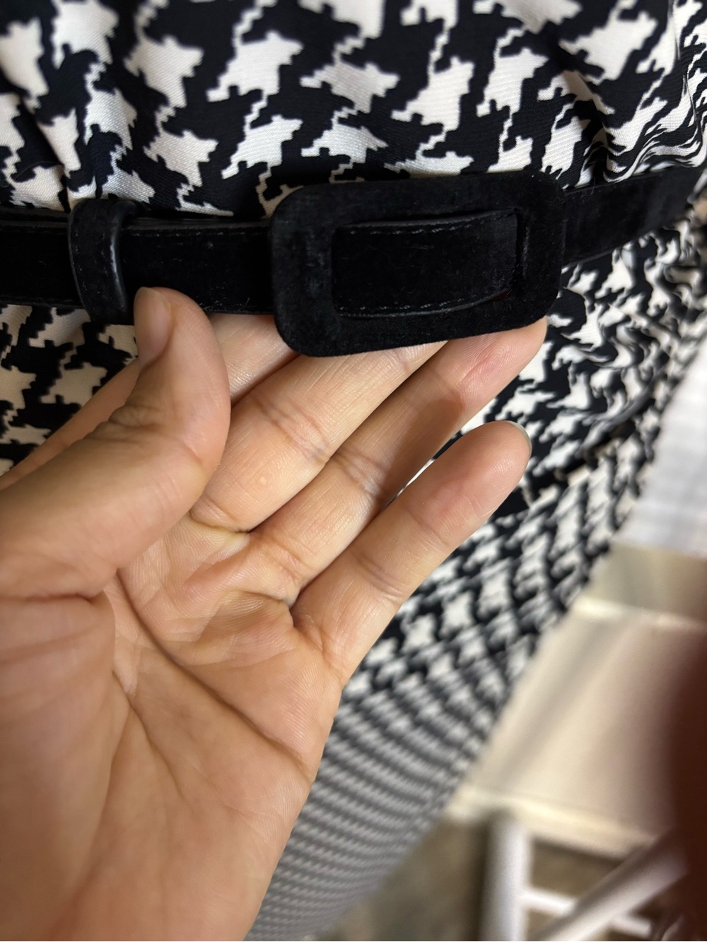 Black & White Houndstooth Wrap Dress with Belt - Picture 3 of 8